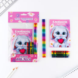 Цена за 2 шт. Подарочный набор блокнот А6, карандаши (2 шт.) и восковые мелки (4 шт.) Самая милая