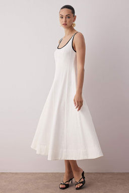 Ekru Keten Icerikli Duz Midi Dokuma Elbise TWOSS25EL00895 - Trendyolmilla фото 5