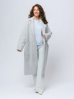 Кардиган удлиненный серого цвета с карманами и отложным воротником