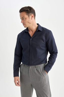 Темно-синяя текстурированная рубашка с длинным рукавом Снова в школу современного кроя с воротником-поло - Defacto фото 3