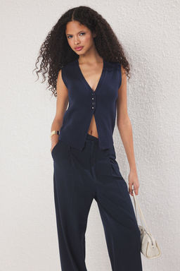 Lacivert Premium Iplik / Ozel Iplik Slim Crop Top Yelek TWOSS24BZ00258