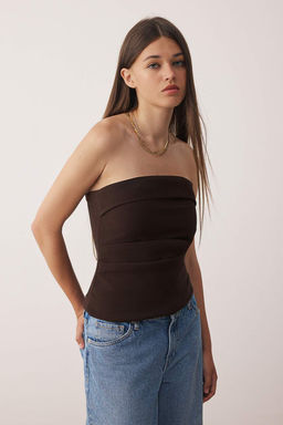 Kahverengi Straplez Fitted Drapeli Dokuma Bluz TWOSS24BZ00348