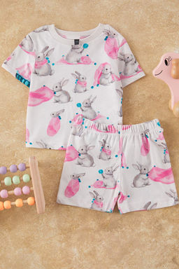 Ekru K?z Bebek %100 Pamuk Tavsan Bask?l? K?sa Kol Pijama Tak?m? TKDSS25PT00037