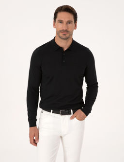 Siyah Regular Fit Y_n Kar___ml_ Polo Yaka Basic Triko Kazak