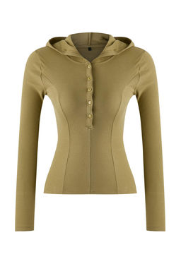 Haki Kapusonlu Fitilli Dugmeli Fitted/Vucuda Oturan Orme Bluz TWOAW26BZ00033