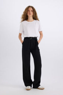 Wide Leg Cift Cepli Yuksek Bel Basic Duz Standart Boy Kemerli Modal Siyah Pantolon