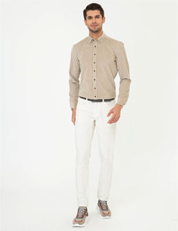 Ekru Slim Fit Kadife Kanvas Pantolon