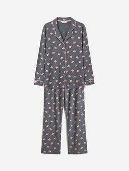 G?mlek Yaka Kalp Bask?l? Kad?n Pijama Tak?m