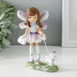 Фигурка полистоун Малышка в сиреневом платье с крыльями, выгуливает собачку, 10?7?13 см