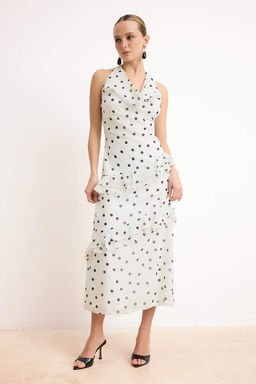 Ekru Puantiyeli F?rf?rl? Midi Astarl? Dokuma Elbise TWOSS26EL00071
