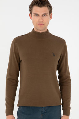 Erkek Slim Fit Yar_m Bo_azl_ Haki Basic Kazak