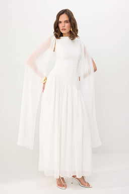 Beyaz Sifon Sal Detay Duz Maxi Astarl? S?k Party Elbise TPRSS26EL00260