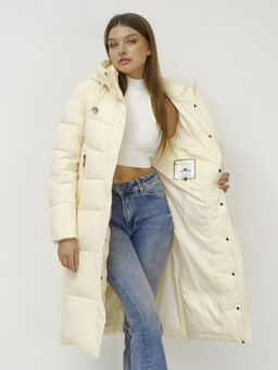 Пальто утепленное стеганное зимнее с капюшоном женское светло-бежевого цвета 9636_1SB - Mtforce фото 5