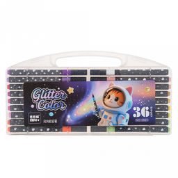 Маркер для рисования "Metallic Glitter" на водной основе, с блестками, мягкий наконечник - кисточка, круглая форма, тонкий, набор 36шт, в пластмассовом кейсе с ручкой 27,7х14,5х2,5см (Китай)