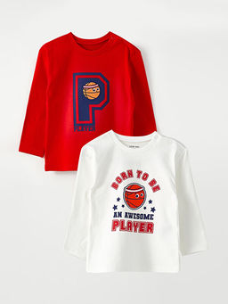 Bisiklet Yaka Uzun Kollu Bask?l? Pamuklu Erkek Bebek Ti??rt 2li