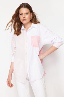 TRENDYOLMILLA Mavi Renk Bloklu Oversize Genis Kal?p Dokuma Gomlek TWOSS24GO00136