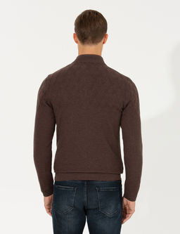 A__k Kahverengi Slim Fit Fermuarl_ Triko H_rka