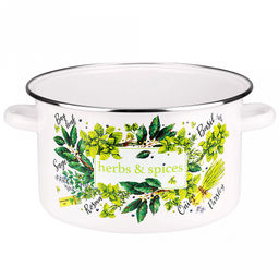 "Травы и специи" Кастрюля эмалированная 4л, цилиндрическая форма, металлическая крышка, ободок из нержавеющей стали, белый (Россия)