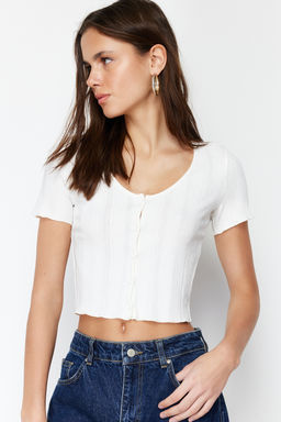 Ekru Patl? Crop Havuz Yaka Fitilli Esnek Orme Bluz TWOSS24BZ00364