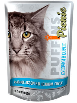 Puffins Picnic пауч д\кошек 85 г.Соус Рыбное ассорти 1/26 4640021010594