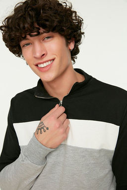 Siyah Slim/Dar Kesim Renk Panelli Uzun Kollu Hakim Yaka Fermuarl_ _ardonsuz Sweatshirt TMNAW20SW0129 - Trendyolmilla фото 2