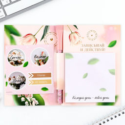 Подарочный набор, блок бумаги 30 л, ручка синяя паста 1.0 мм, наклейки 5 шт.С 8 Марта