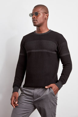 Siyah Slim Dar Kesim Bisiklet Yaka Renk Bloklu Triko Kazak TMNAW20LS0036