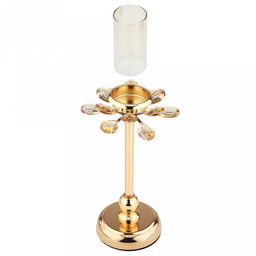 Подсвечник металлический "Аурелия" h32,8см, чаша с колбой стекло д5см, h9см, нескользящее основание д10см, золотой/янтарный, в коробке (Китай)