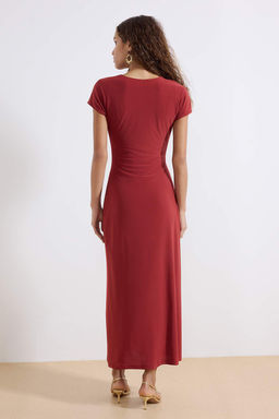 Kiremit A-Kesim/Can Form Degaje Yaka Aksesuar Detayl? Maxi Esnek Orme Elbise TWOSS26EL00106