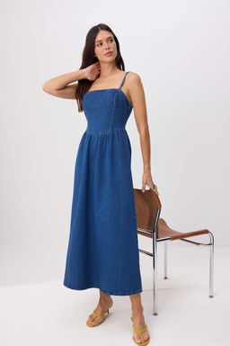 Mavi Straplez Orta Esnek Maxi Denim Elbise TWOSS26EL00276 - Trendyolmilla фото 2