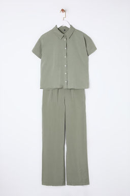 Haki Modal Yumusak Tuseli K?sa Kollu Gomlek Genis Paca Pantolon Dokuma Alt-Ust Tak?m TWOSS25AU00026 - Trendyolmilla фото 7