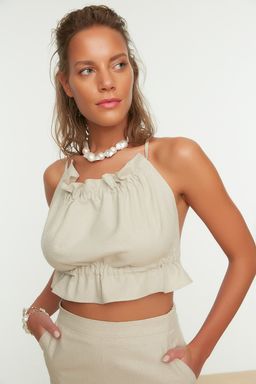 Bej Dokuma F?rf?rl? Plaj Crop Bluz TBESS21BZ0757