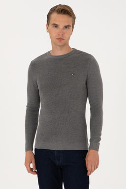 Erkek Slim Fit Bisiklet Yaka Gri Melanj Basic Kazak