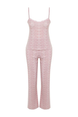 Trendyolmilla Pudra Pamuklu Cizgili Dantelli Ip Ask?l? Orme Pijama Tak?m? THMSS23PT00227 фото 7