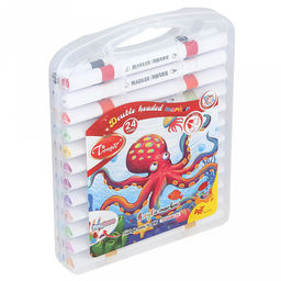 Маркер для рисования "Творчество" акриловый, на водной основе, смываемый, двойной нейлоновый наконечник: твердый и мягкий - кисточка, треугольная форма, с номером, набор 24шт, в пластмассовом кейсе с ручкой 21х16,6х3,2см (Китай)