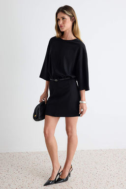 Siyah Bodycon/V_cuda Oturan Bisiklet Yaka Mini _nterlok Kemerli _rme Elbise TWOAW27EL00133