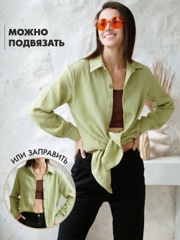 Женская муслиновая удлиненная рубашка светло-зеленая - Krumpy фото 5