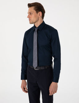 Lacivert %100 Pamuk Parlak Saten Slim Fit Uzun Kollu Basic G_mlek