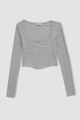 Приталенная футболка с длинными рукавами и круглым вырезом в рубчик - Defacto фото 10