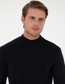 Lacivert Slim Fit Yar_m Bal_k__ Yaka Triko Kazak