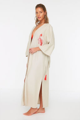 Mercan Kusakl? Maxi Dokuma Nak?sl? Keten Kar?s?ml? Plaj Kimono&Kaftan TBESS20KM0051