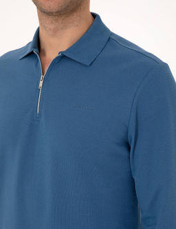 A__k Lacivert Slim Fit K_vr_lmaz Fermuarl_ Polo Yaka Basic Pike Sweatshirt