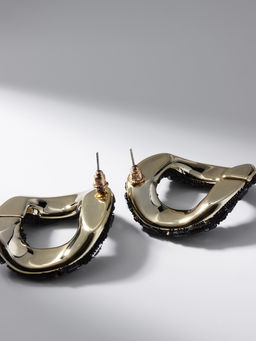 Серьги со стразами QF Блеск бублик, чёрные в золоте