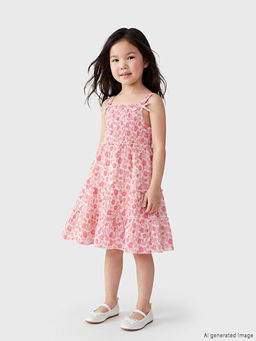 Kare Yaka Bask?l? K?z ?ocuk Krinkle Elbise