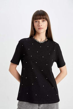 Женская черная повседневная футболка с короткими рукавами и круглым вырезом стандартного кроя, украшенная камнями - Defacto фото 7