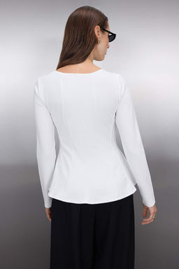 Ekru Kay?k Yaka Peplum/Belden Oturmal? Regular Boy Orme Bluz TWOAW26BZ00166