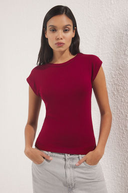 Bordo Premium Viskoz/Yumusak Kumas Fitted/Vucuda Oturan Ay Kol Esnek Orme Bluz TWOSS23BZ00992