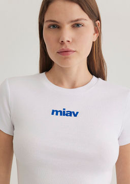 Miav Bask?l? Beyaz Crop Tisort