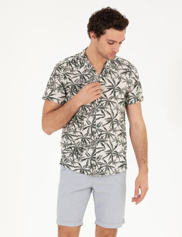 Рубашка из смесового льна хаки с короткими рукавами стандартного кроя