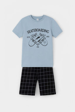 К 1528/пыльно-синий,двойная клетка пижама для мал